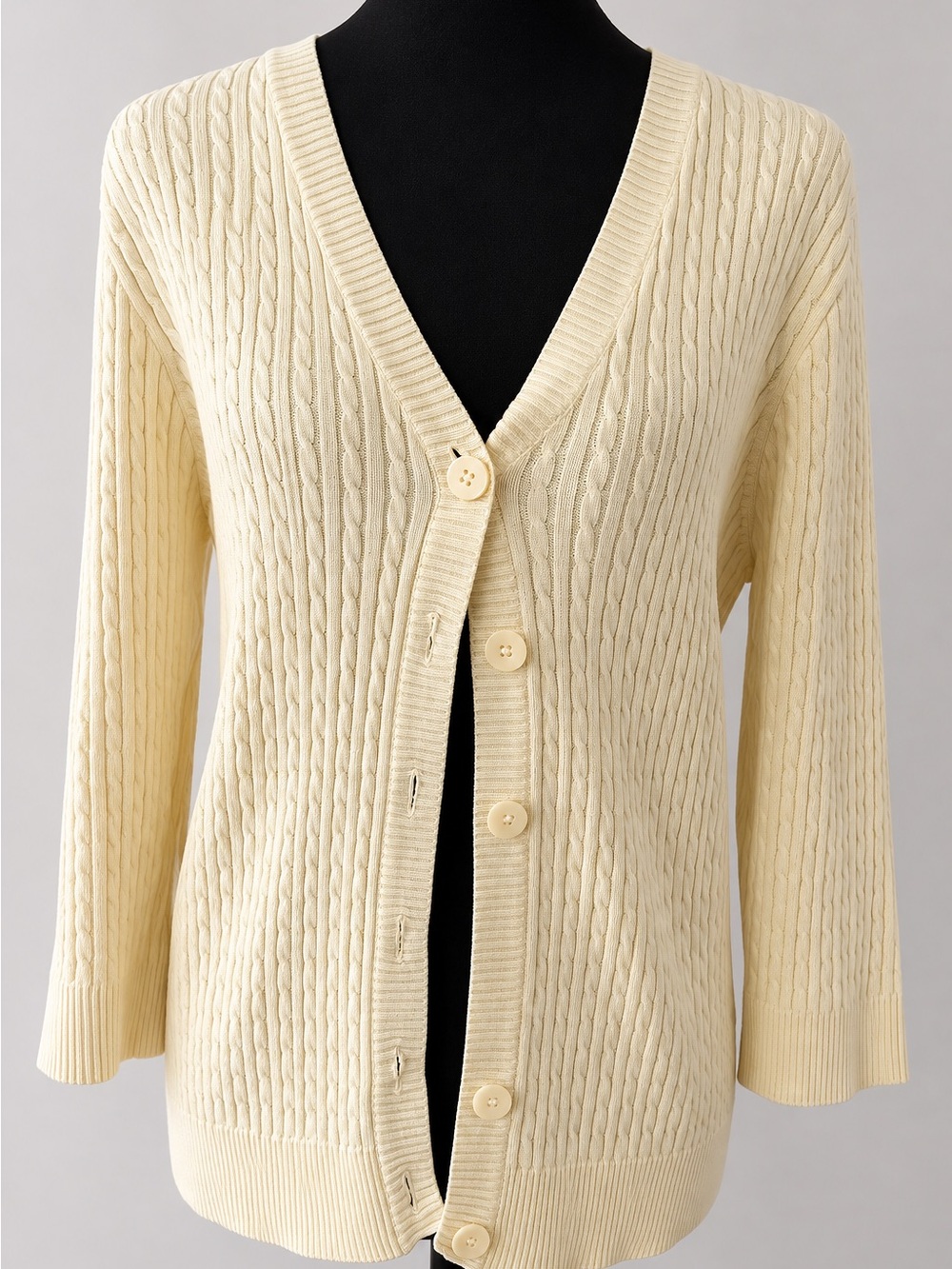 Jeanne Pierre Butter Yellow Cable Knit Cardigan Sweater L Preppy Coastal